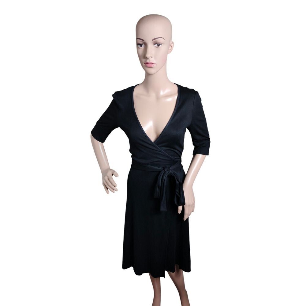Diane Von Furstenberg Wrap Dress Womens Size 4 Black Tie Waist Long Sleeve VNeck